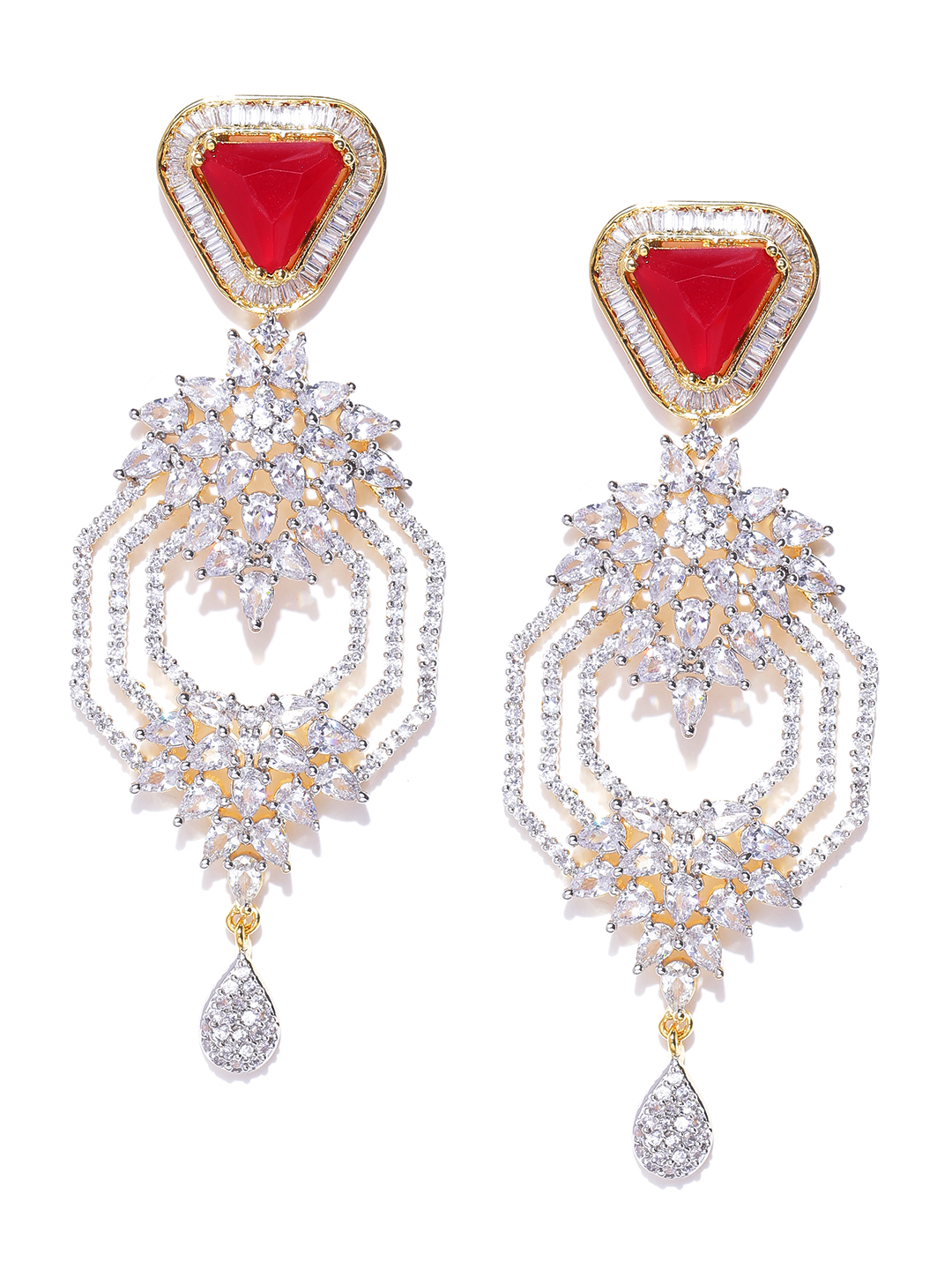 YouBella Red Gold-Plated Stone-Studded Cut-Out Drop Earrings